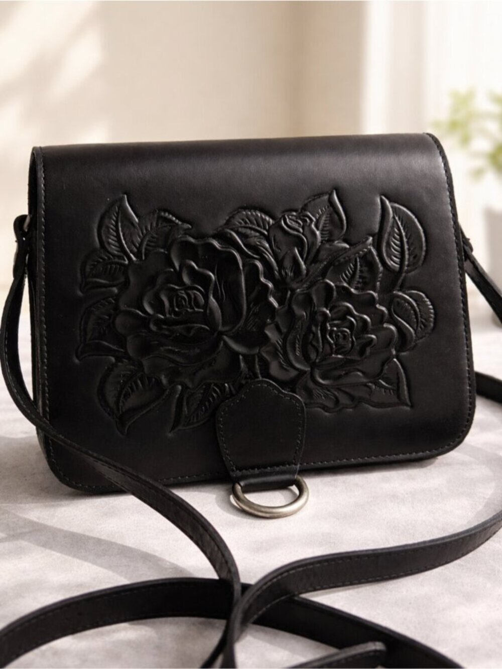 Patricia Nash Ilina Leather Floral Embossed Tooled Black Crossbody Handbag